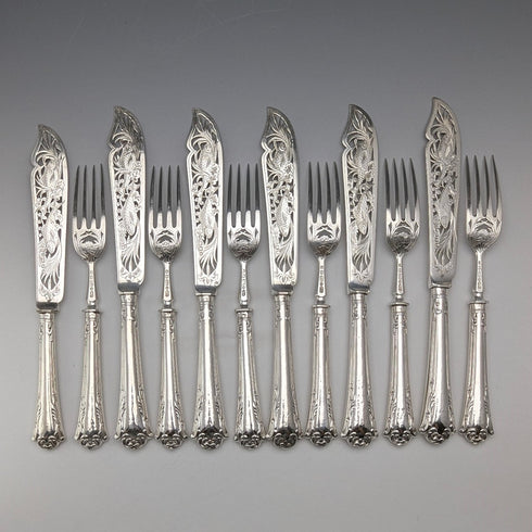 Circa 1860 British Antique Pure Silver Handle Fish Cutlery 6 Pair Aaron Hadfield